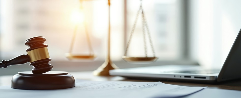 Arbitro Assicurativo 980x400 Martello giustizia con bilancia e laptop aperto