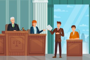 Disegno che rappresenta un dibattimento in tribunale 